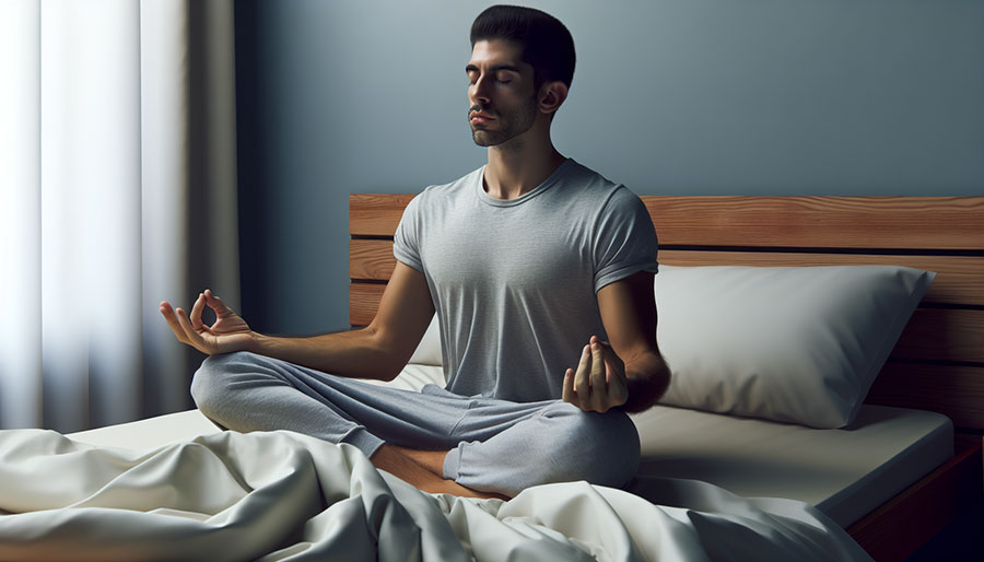 Un hombre en pijama claro se sienta con las piernas cruzadas en una cama, los ojos cerrados y las manos en postura de meditación, practicando MEDITACIÓN PARA DORMIR en un dormitorio suavemente iluminado.