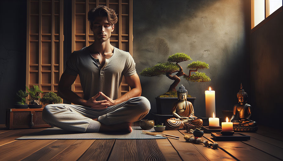 Una persona se sienta con las piernas cruzadas sobre una esterilla para meditar en una habitación cálidamente iluminada, rodeada de velas, un árbol bonsái, estatuas de Buda y decoración zen, creando una atmósfera de paz y serenidad.